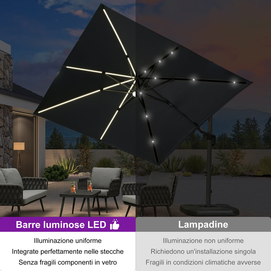PURPLE LEAF Ombrellone da Giardino LED Quadrato 300x300 cm, Inclinabile e Girevole a 360° per Terrazza e Piscina