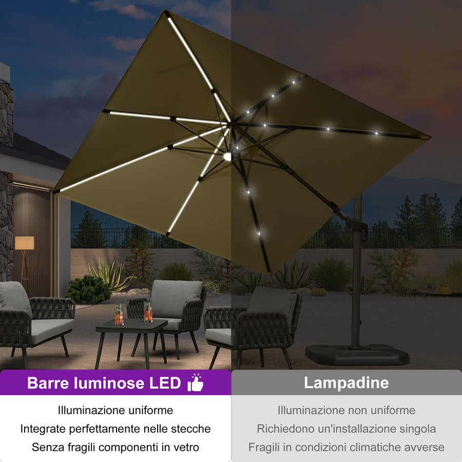 PURPLE LEAF Ombrellone da Giardino LED Quadrato 300x300 cm, Inclinabile e Girevole a 360° per Terrazza e Piscina