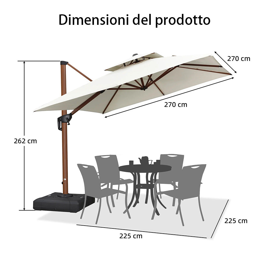 PURPLE LEAF Ombrellone in Alluminio Quadrato Doppio Top in colore legno ,con Base