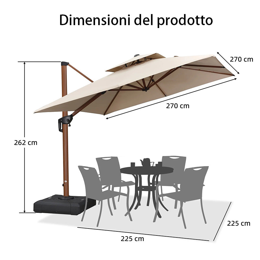 PURPLE LEAF Ombrellone in Alluminio Quadrato Doppio Top in colore legno ,con Base