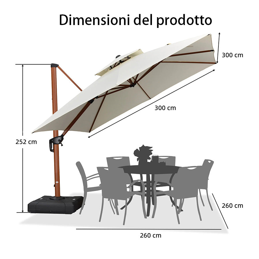 PURPLE LEAF Ombrellone in Alluminio Quadrato Doppio Top in colore legno ,con Base