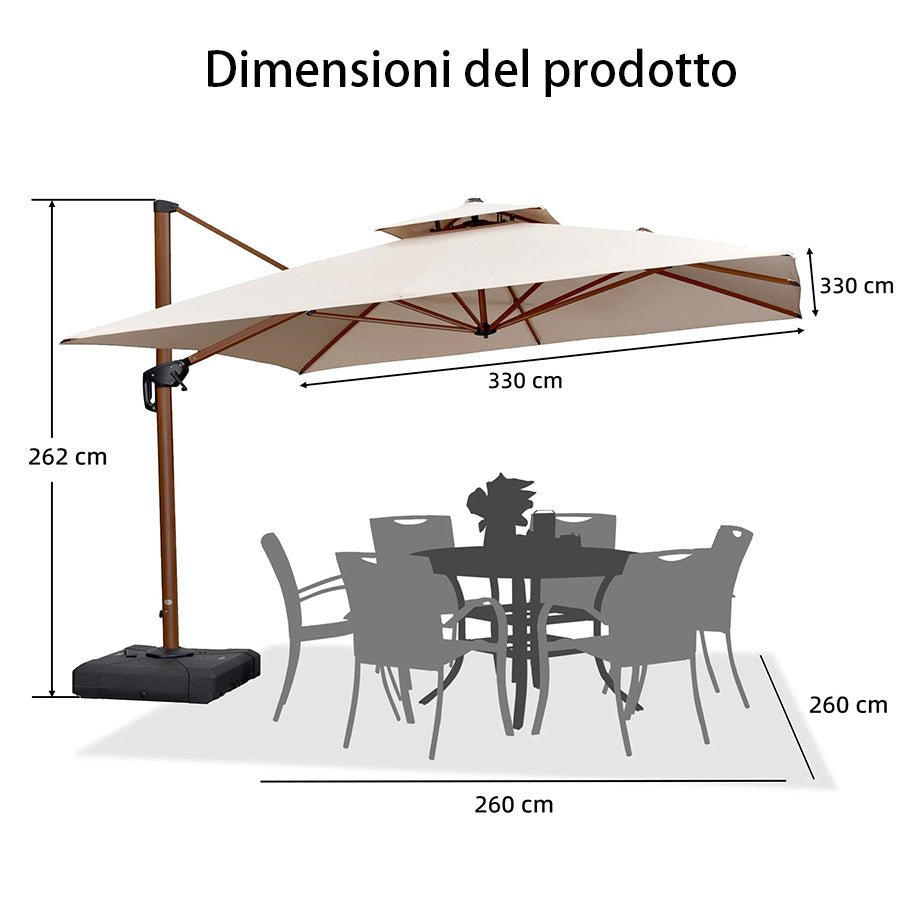 PURPLE LEAF Ombrellone in Alluminio Quadrato Doppio Top in colore legno ,con Base