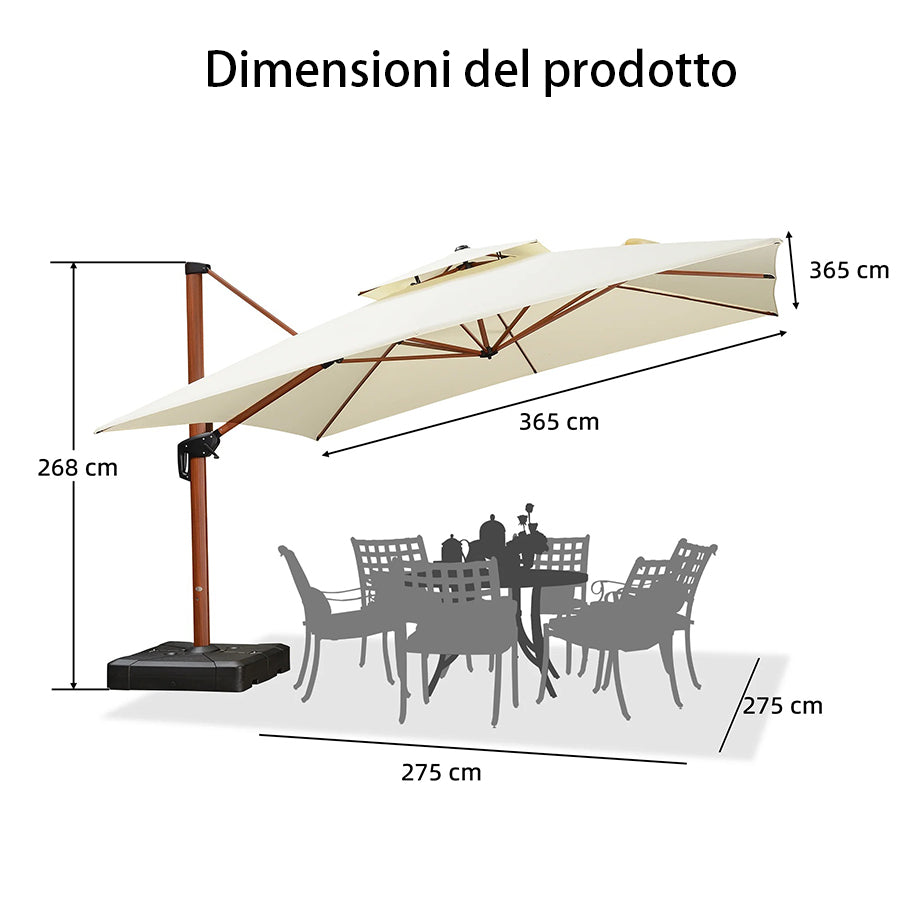 PURPLE LEAF Ombrellone in Alluminio Quadrato Doppio Top in colore legno ,con Base