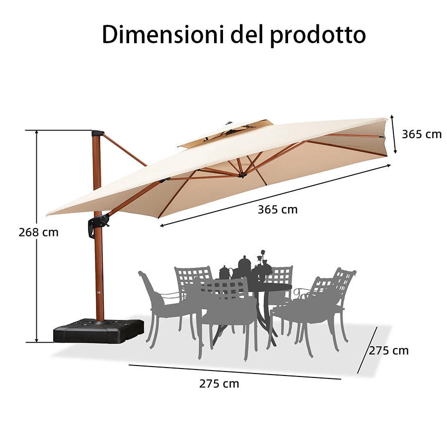 PURPLE LEAF Ombrellone in Alluminio Quadrato Doppio Top in colore legno ,con Base