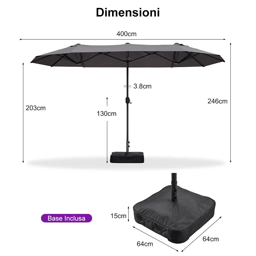 PURPLE LEAF Ombrellone da mercato rettangolare doppio lato con base per terrazzo e giardino