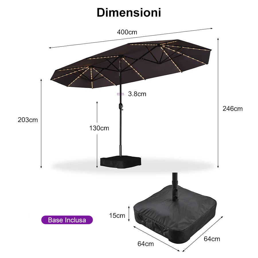 PURPLE LEAF Ombrellone doppio con illuminazione LED con base inclusa per esterni