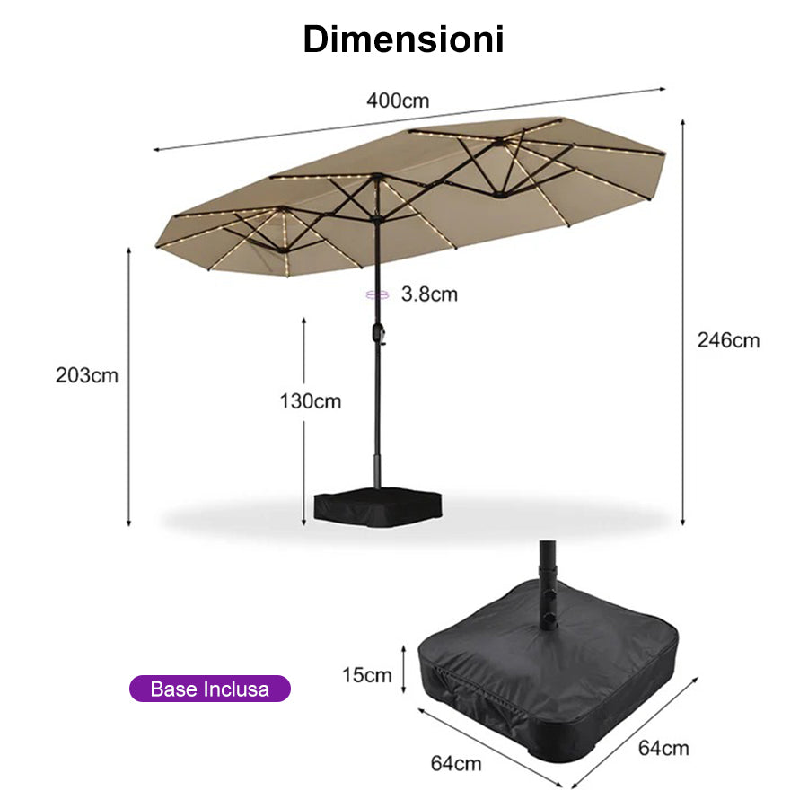 PURPLE LEAF Ombrellone doppio con illuminazione LED con base inclusa per esterni