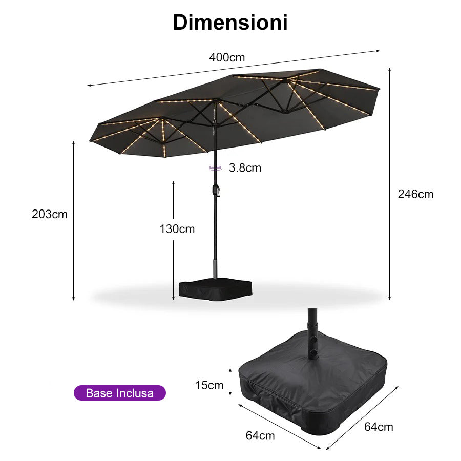 PURPLE LEAF Ombrellone doppio con illuminazione LED con base inclusa per esterni