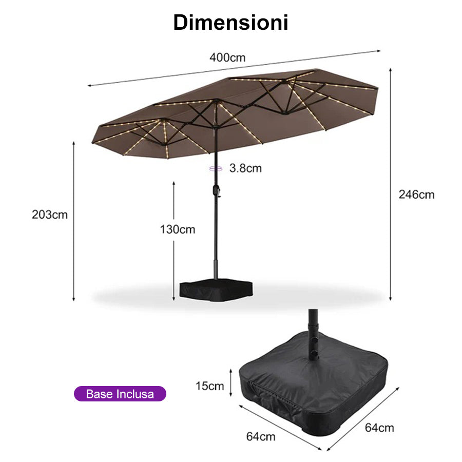 PURPLE LEAF Ombrellone doppio con illuminazione LED con base inclusa per esterni