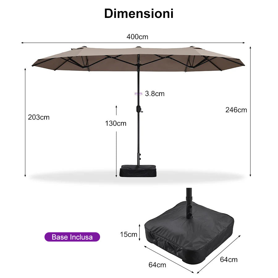 PURPLE LEAF Ombrellone da mercato rettangolare doppio lato con base per terrazzo e giardino