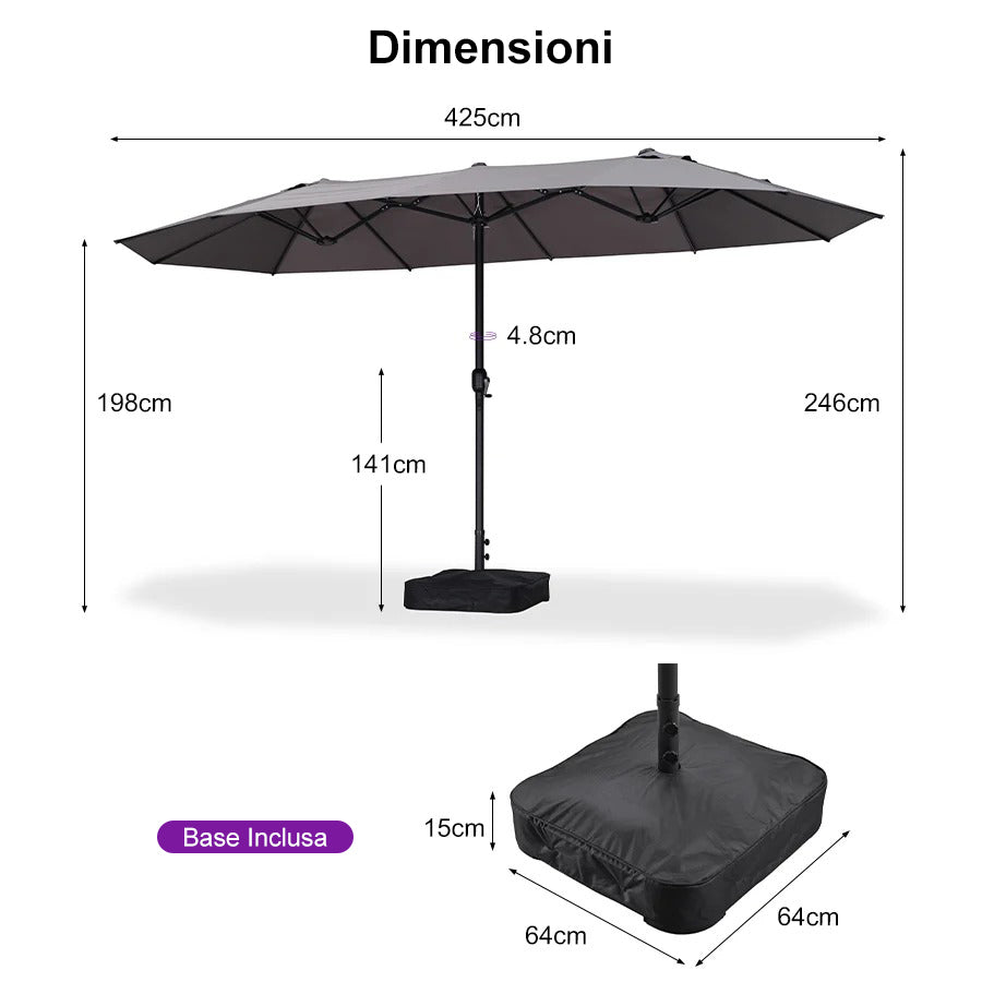 PURPLE LEAF Ombrellone da mercato rettangolare doppio lato con base per terrazzo e giardino