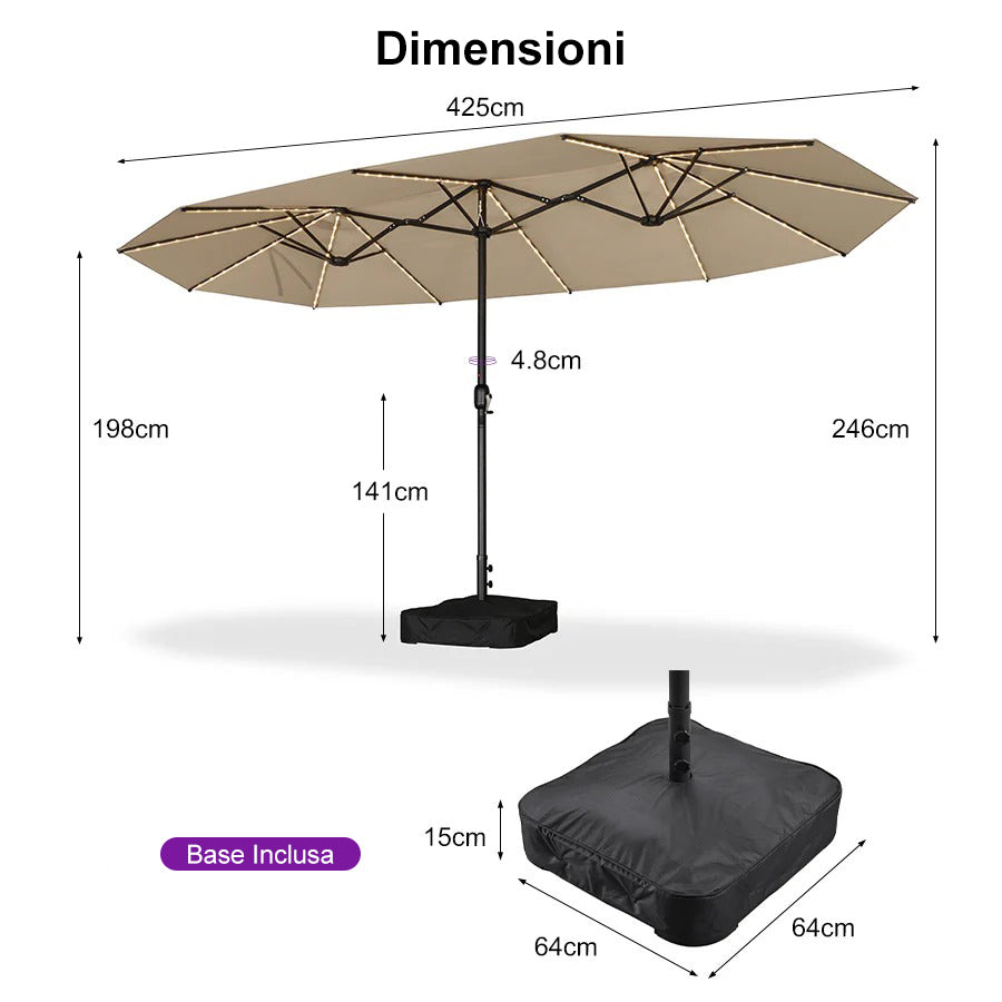 PURPLE LEAF Ombrellone doppio con illuminazione LED con base inclusa per esterni
