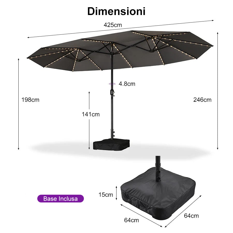PURPLE LEAF Ombrellone doppio con illuminazione LED con base inclusa per esterni