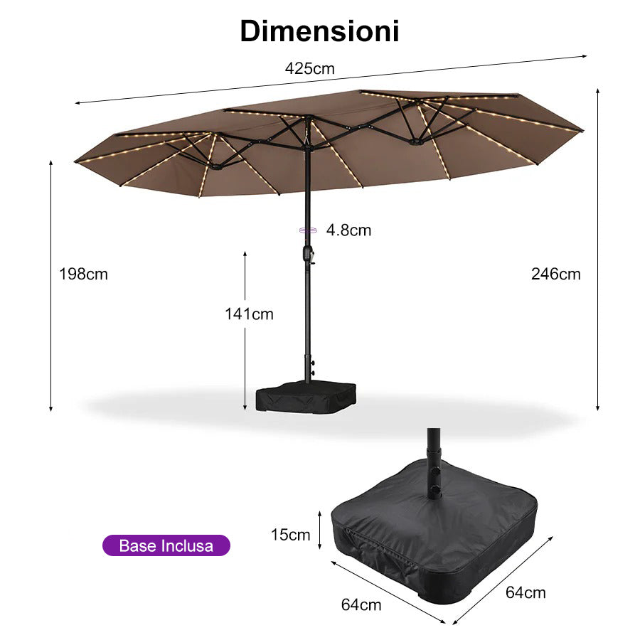 PURPLE LEAF Ombrellone doppio con illuminazione LED con base inclusa per esterni