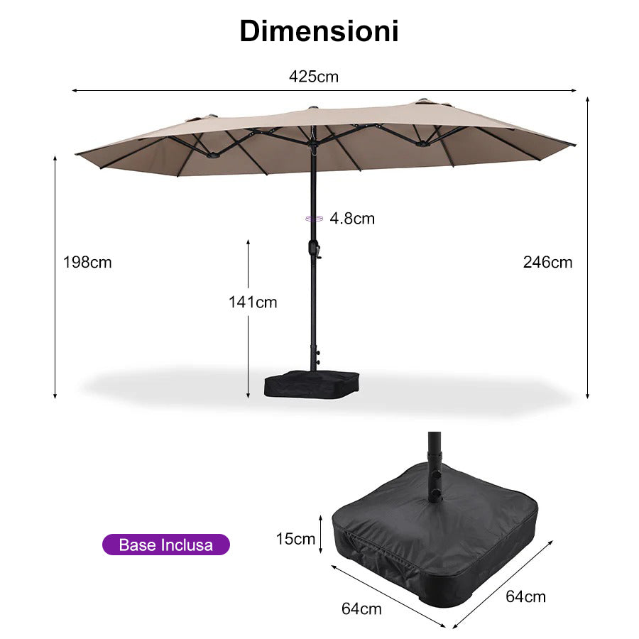 PURPLE LEAF Ombrellone da mercato rettangolare doppio lato con base per terrazzo e giardino