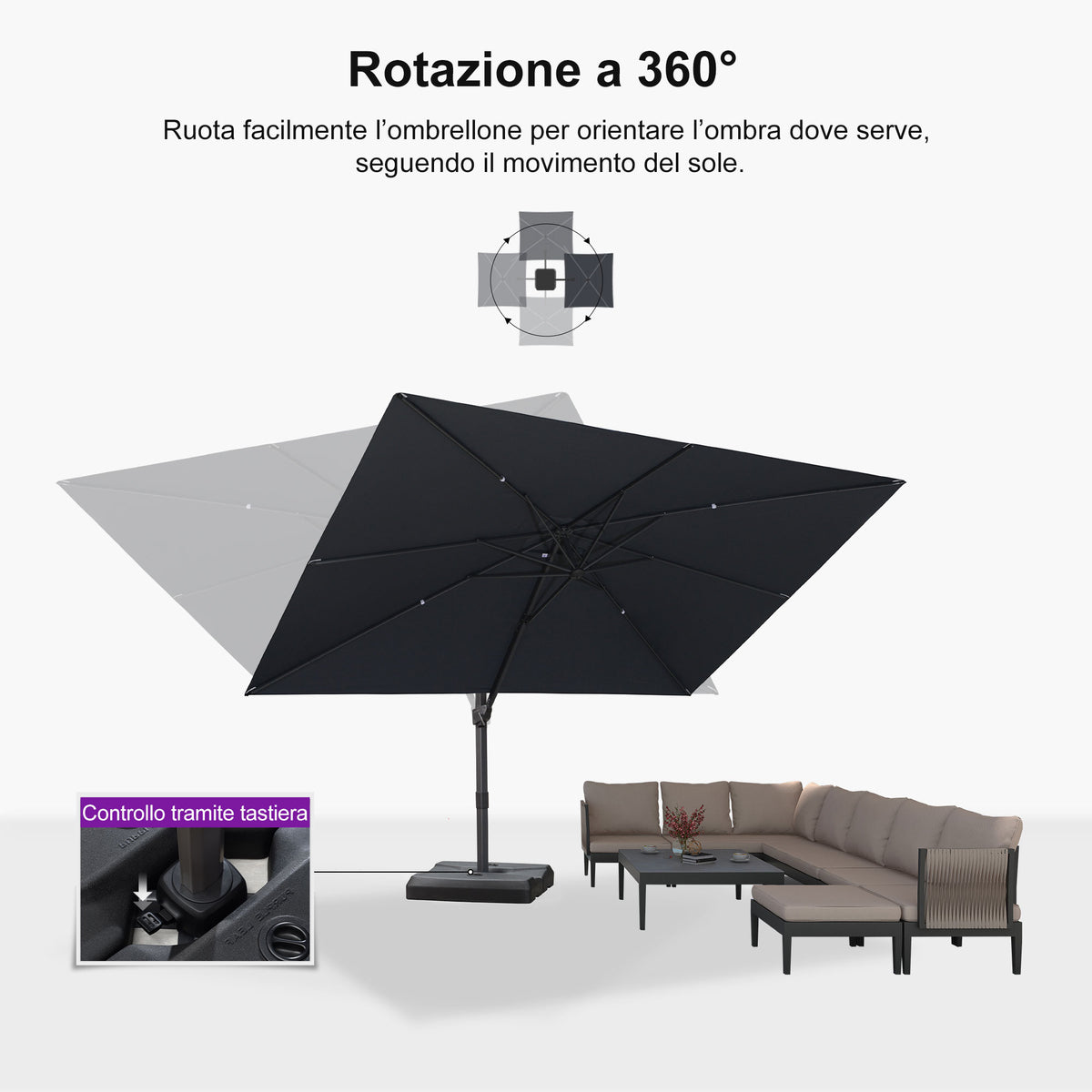 PURPLE LEAF Ombrellone Decentrato Inclinabile con Regolazione Continua per Giardino e Terrazza