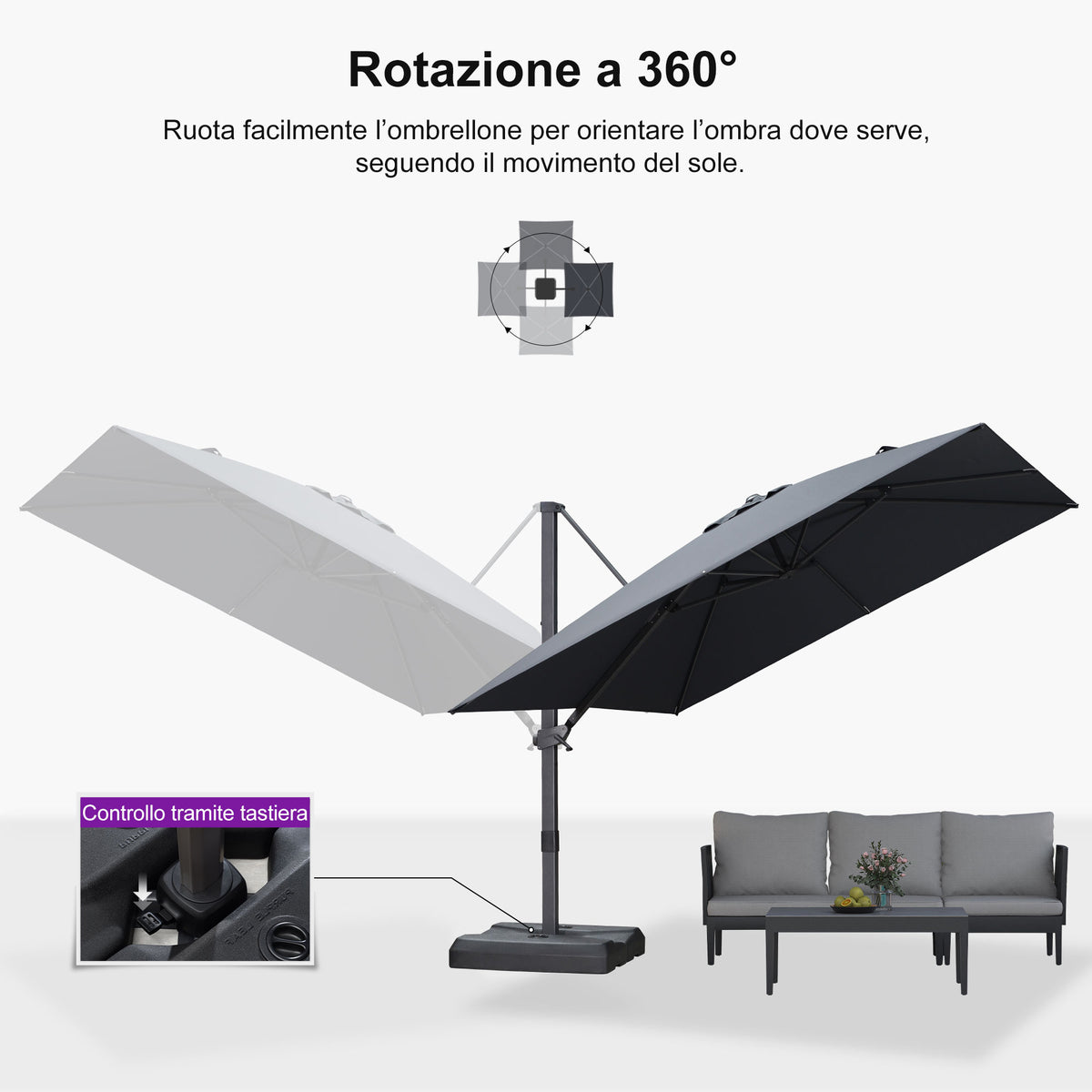 PURPLE LEAF Ombrellone Decentrato Inclinabile con Regolazione Continua per Giardino e Terrazza