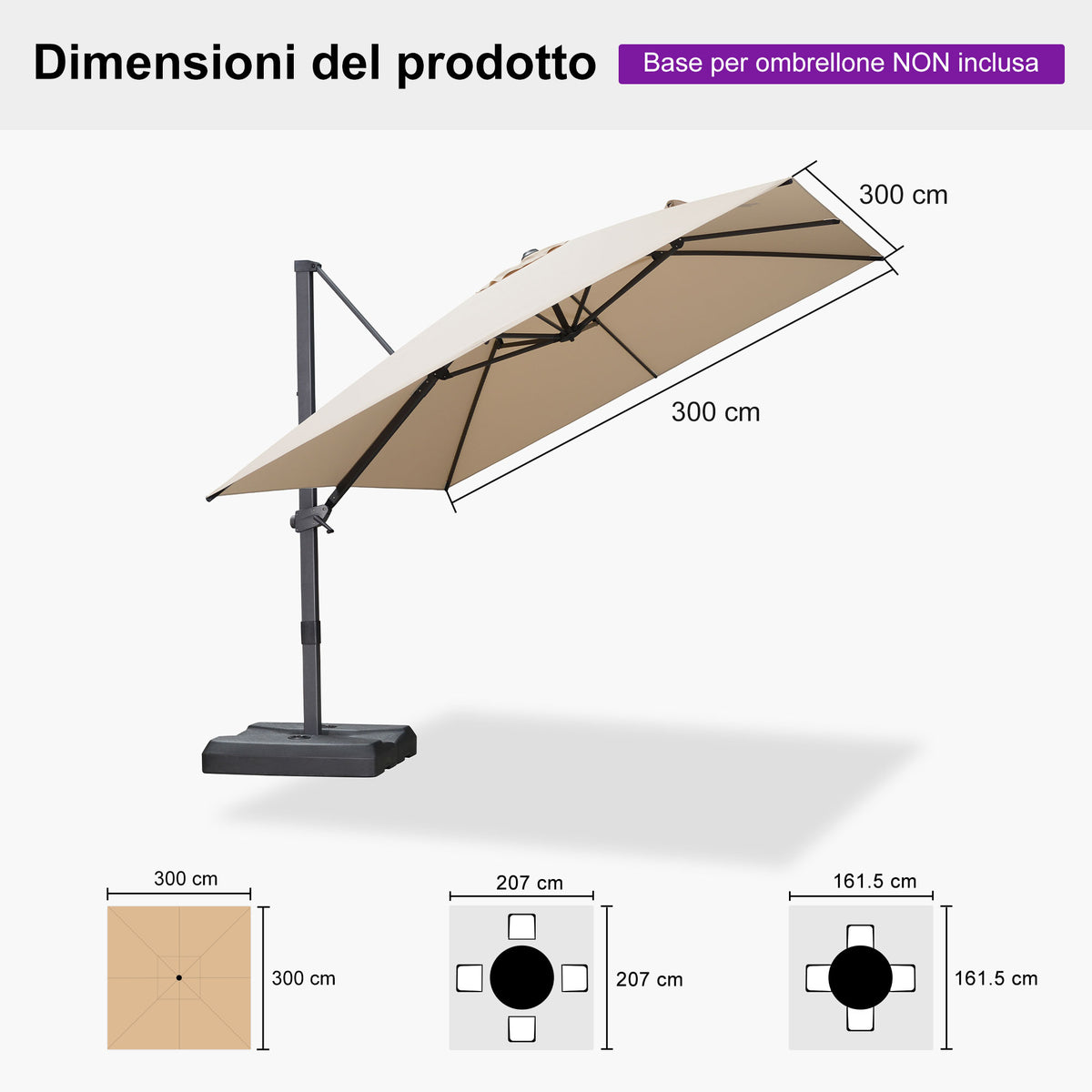 PURPLE LEAF Ombrellone Decentrato Inclinabile con Regolazione Continua per Giardino e Terrazza