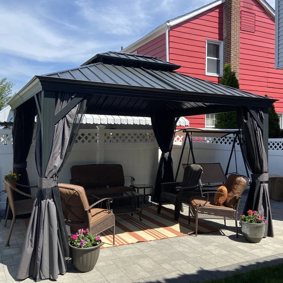 PURPLE LEAF  Alluminio Gazebo Giardino con Zanzariere e Tende Tetto Doppio in Acciaio Galvanizzato, Grigio