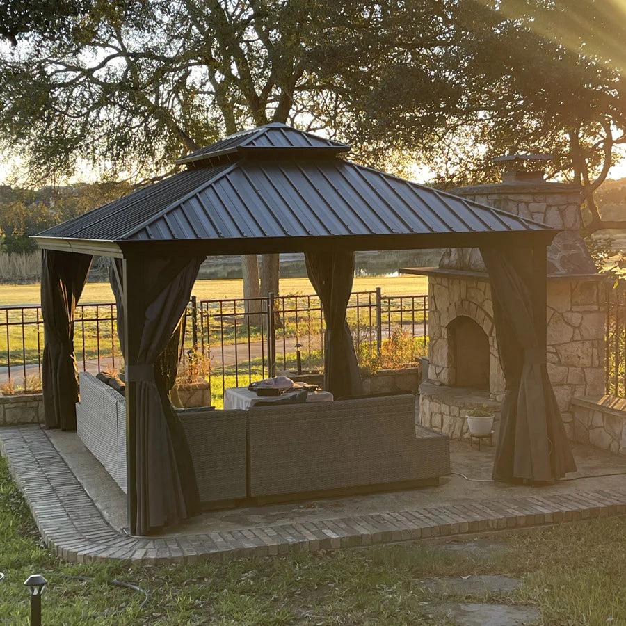 PURPLE LEAF  Alluminio Gazebo Giardino con Zanzariere e Tende Tetto Doppio in Acciaio Galvanizzato, Grigio