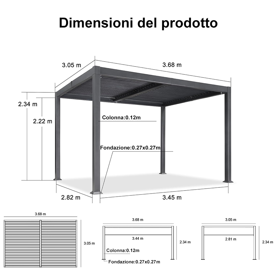 PURPLE LEEF Pergola Bioclimatica con Copertura a Lamelle e Luce LED Integrata per Terrazzo e Giardino, Grigio