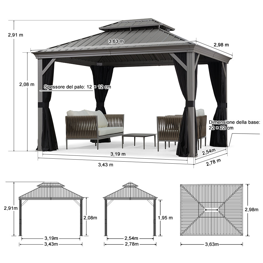 PURPLE LEAF Padiglione Rigido Esterno Grigio Chiaro,Gazebo in Alluminio con Doppio Tetto e Catena Luminosa Luce Lattea