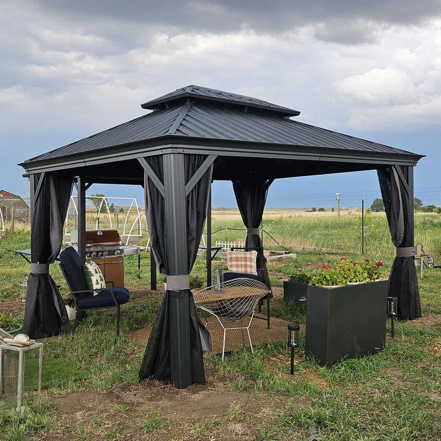 PURPLE LEAF  Alluminio Gazebo Giardino con Zanzariere e Tende Tetto Doppio in Acciaio Galvanizzato, Grigio