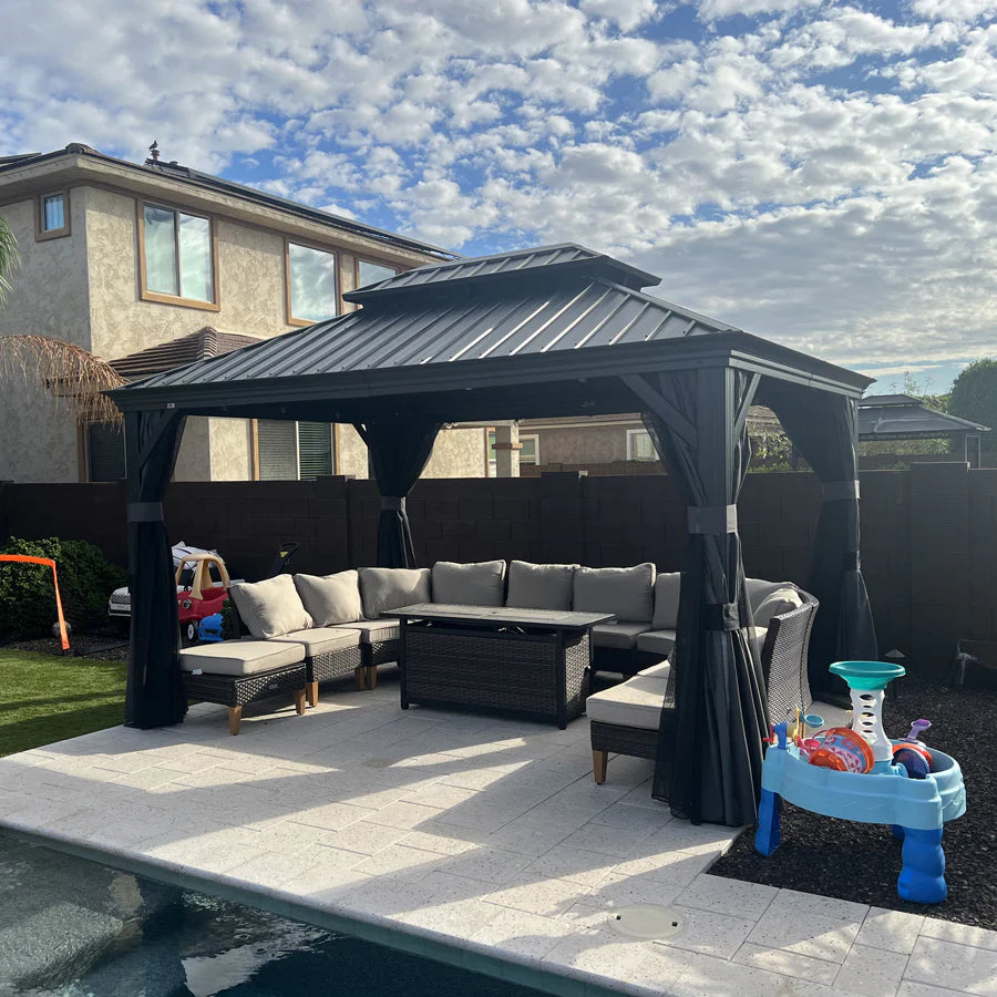 PURPLE LEAF  Alluminio Gazebo Giardino con Zanzariere e Tende Tetto Doppio in Acciaio Galvanizzato, Grigio