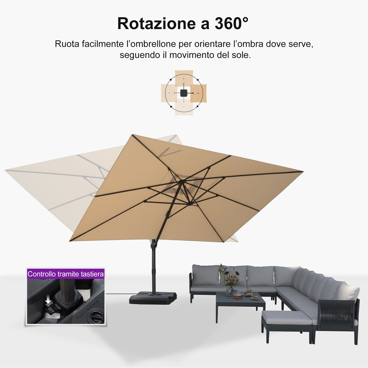 PURPLE LEAF Ombrellone Decentrato Inclinabile con Regolazione Continua per Giardino e Terrazza