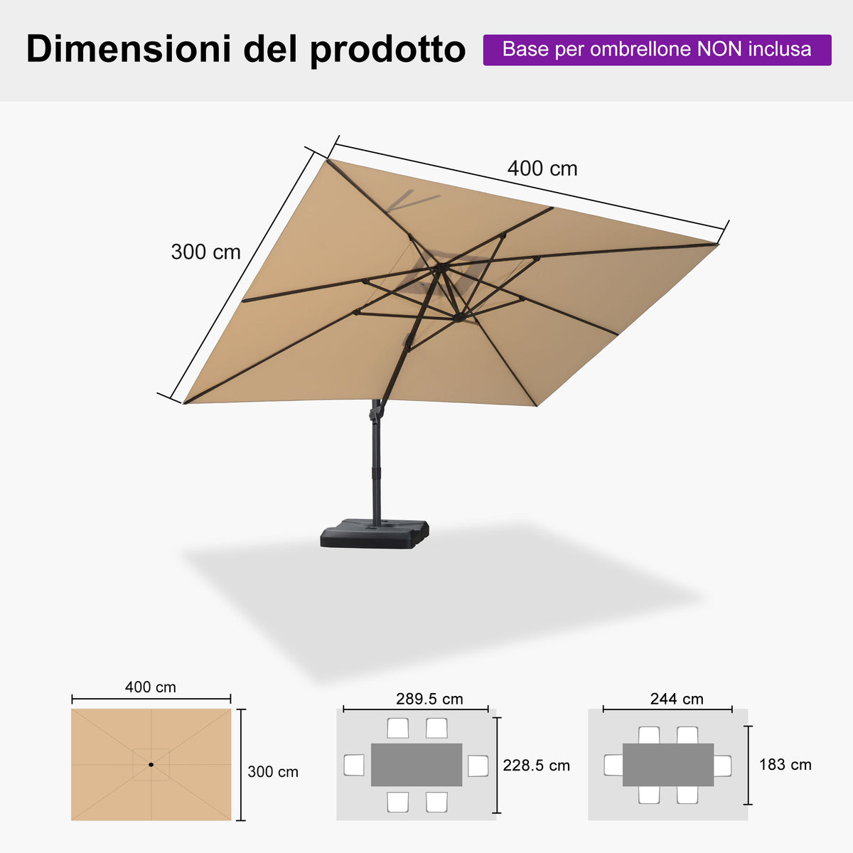 PURPLE LEAF Ombrellone Decentrato Inclinabile con Regolazione Continua per Giardino e Terrazza