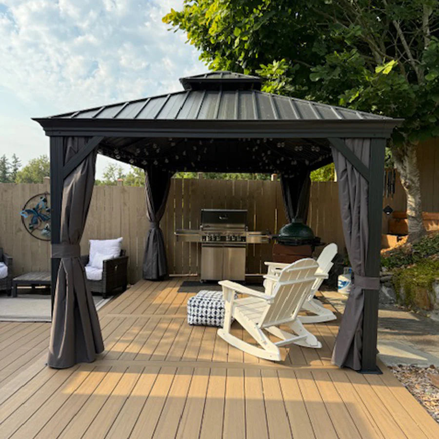 PURPLE LEAF  Alluminio Gazebo Giardino con Zanzariere e Tende Tetto Doppio in Acciaio Galvanizzato, Grigio