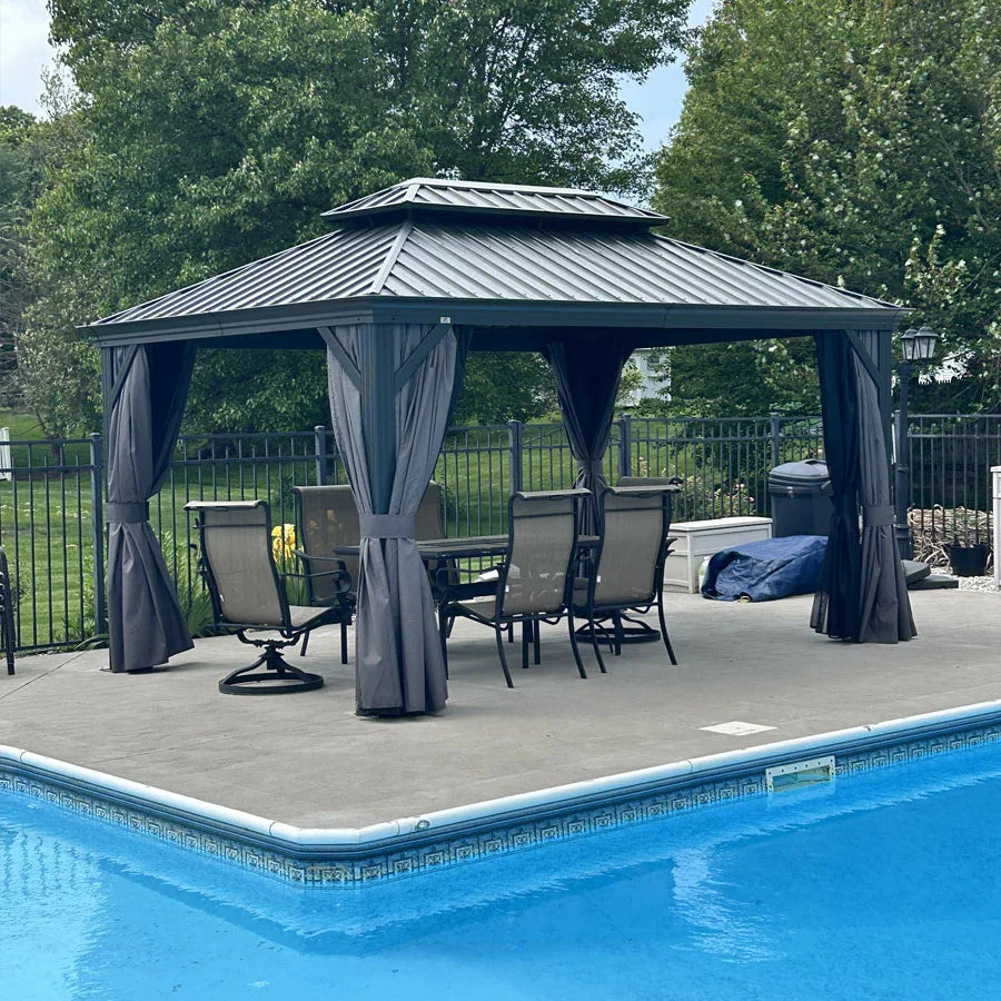 PURPLE LEAF  Alluminio Gazebo Giardino con Zanzariere e Tende Tetto Doppio in Acciaio Galvanizzato, Grigio