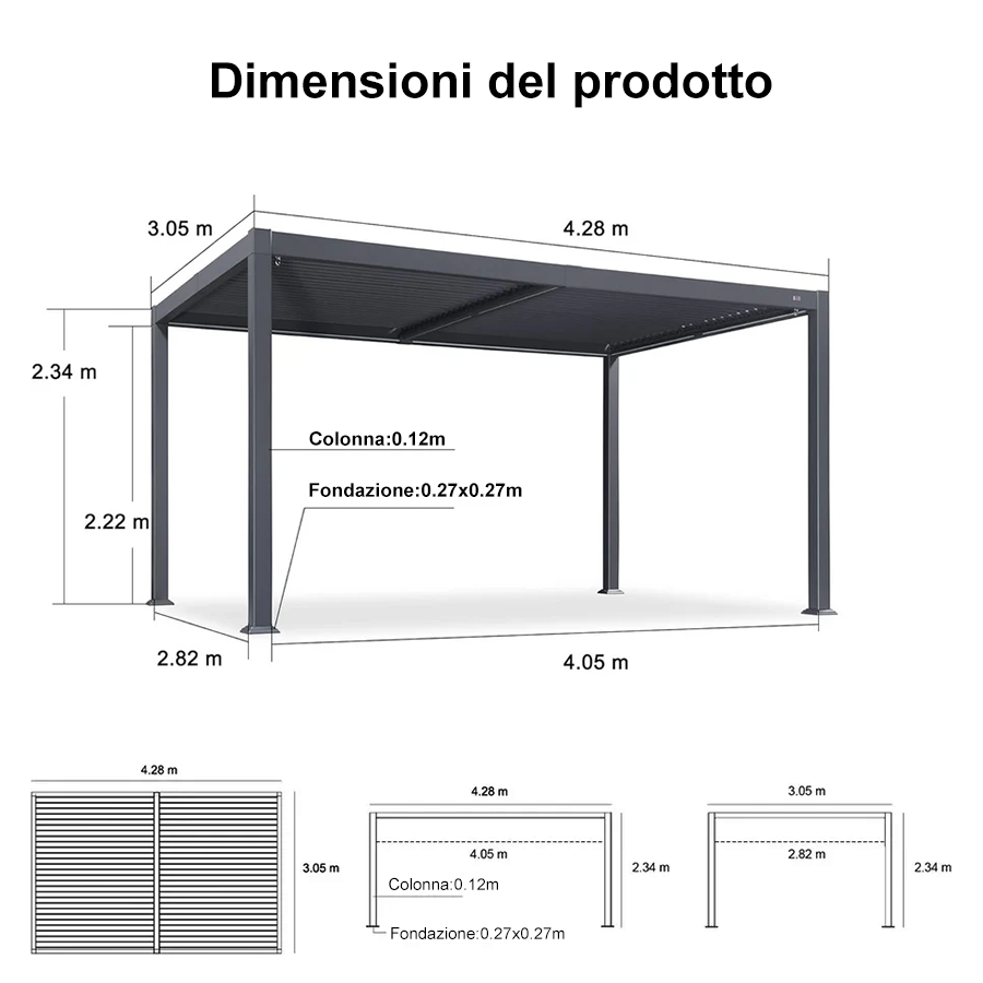 PURPLE LEEF Pergola Bioclimatica con Copertura a Lamelle e Luce LED Integrata per Terrazzo e Giardino, Grigio