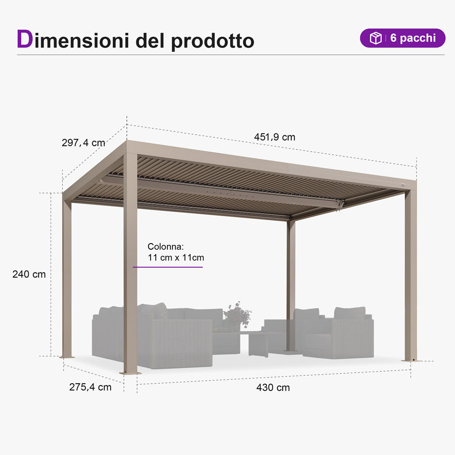 PURPLE LEAF Pergola Bioclimatica Moderna Pergola Color Champagne con Tetto Regolabile per Patio Giardino e Cortile