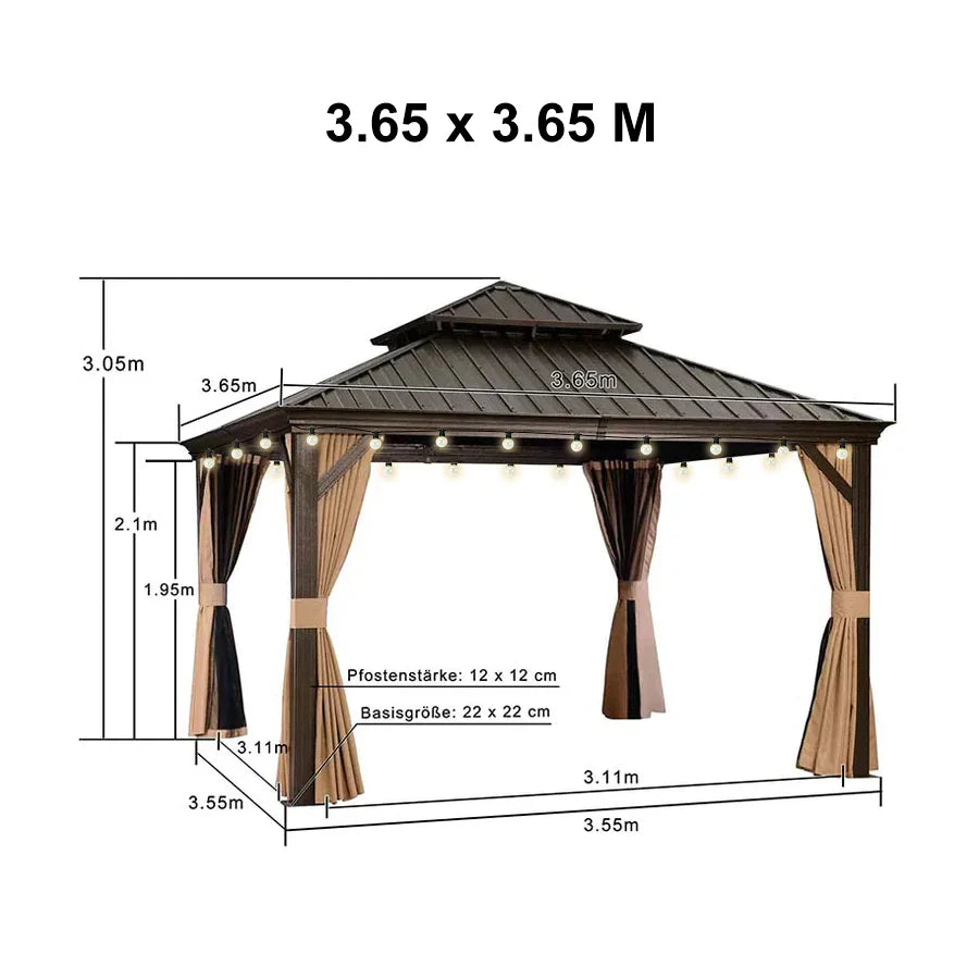 PURPLE LEAF Tonnelle da Giardino, Tetto Doppio in Acciaio Galvanizzato, con Tende Migliorate e Guirlande Luminose Trasparenti, Bronzo