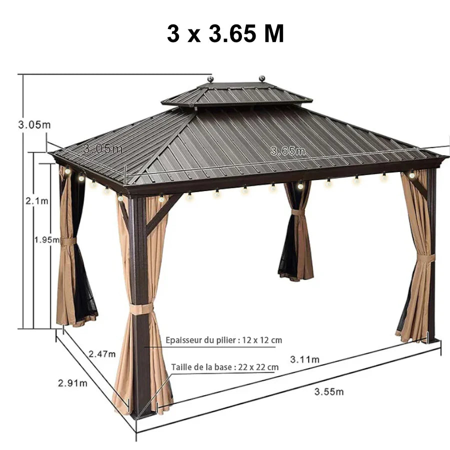 PURPLE LEAF Tonnelle da Giardino, Tetto Doppio in Acciaio Galvanizzato, con Tende Migliorate e Guirlande Luminose Trasparenti, Bronzo