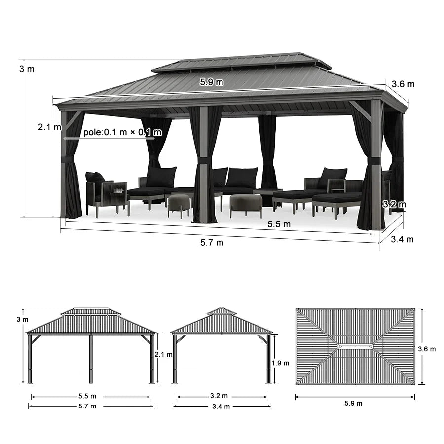 PURPLE LEAF Gazebo in Alluminio，Tetto Rigido in Acciaio Zincato, Tende Incluse, Grigio Chiaro