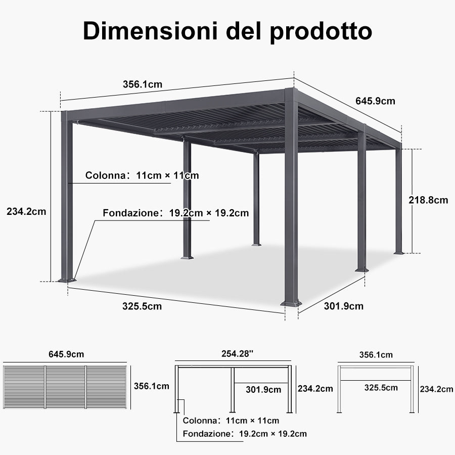 PURPLE LEAF Pergola Bioclimatica Pergola in Alluminio da Esterno struttura robusta drenaggio nascosto con Tetto Regolabile per Terrazzo e Giardino Grigio