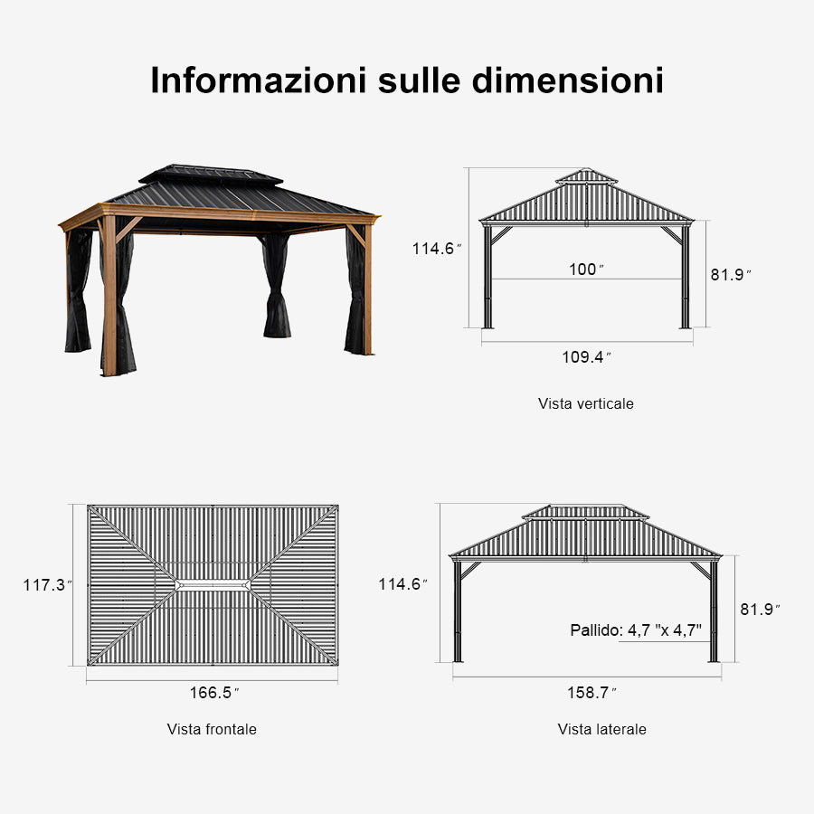 PURPLE LEAF Gazebo da Giardino Impermeabile con Tetto Rigido in Legno con Venature del Legno e Tetto in Acciaio e Alluminio Effetto Legno