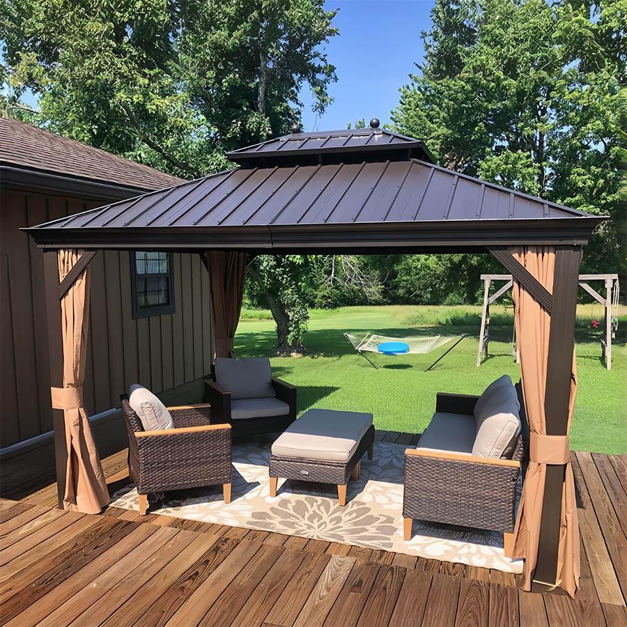 PURPLE LEAF Tonnelle da Giardino, Tetto Doppio in Acciaio Galvanizzato, con Tende Migliorate e Guirlande Luminose Trasparenti, Bronzo