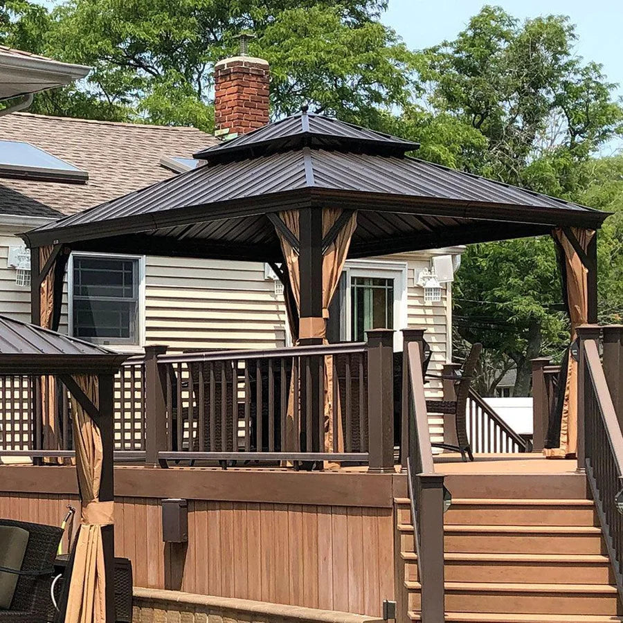 PURPLE LEAF Tonnelle da Giardino, Tetto Doppio in Acciaio Galvanizzato, con Tende Migliorate e Guirlande Luminose Trasparenti, Bronzo