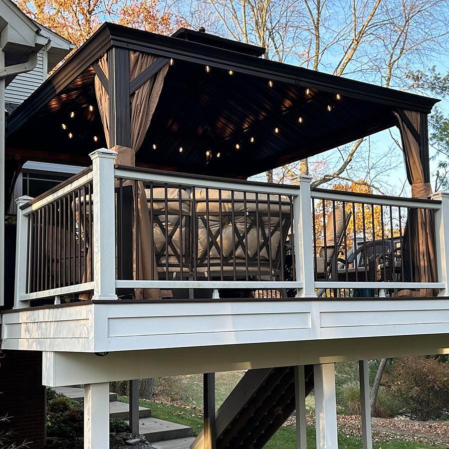 PURPLE LEAF Tonnelle da Giardino, Tetto Doppio in Acciaio Galvanizzato, con Tende Migliorate e Guirlande Luminose Trasparenti, Bronzo