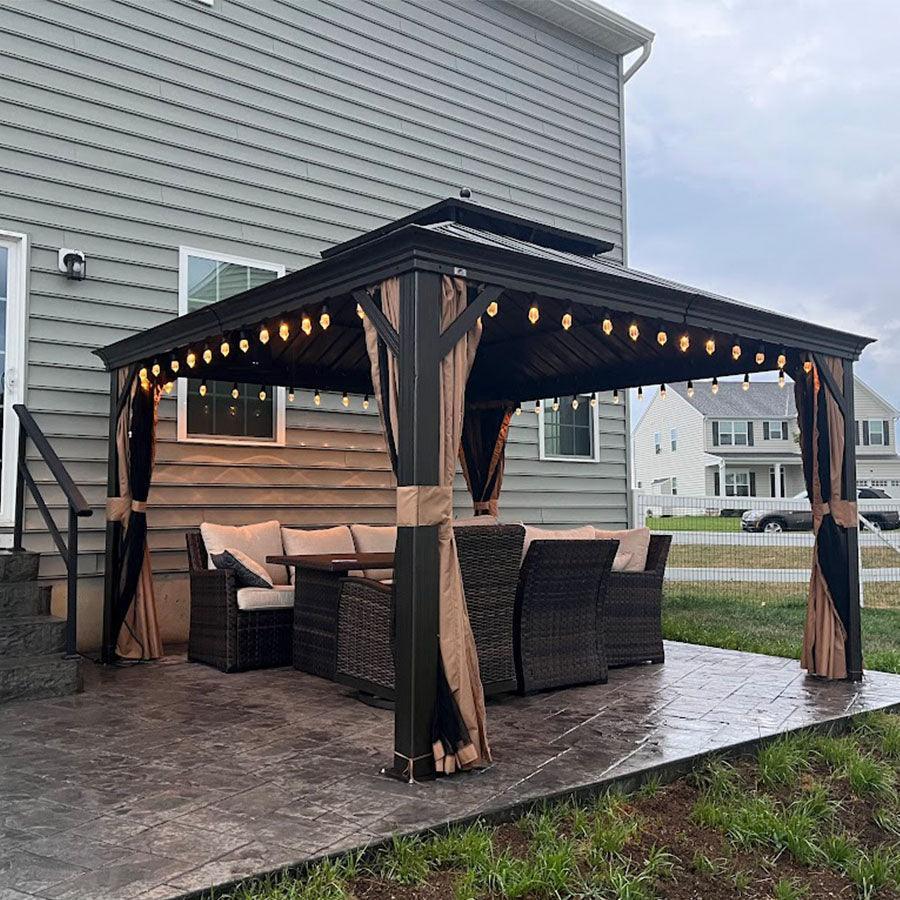 PURPLE LEAF Tonnelle da Giardino, Tetto Doppio in Acciaio Galvanizzato, con Tende Migliorate e Guirlande Luminose Trasparenti, Bronzo