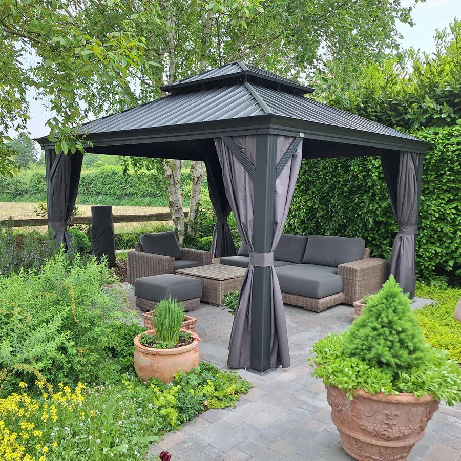 PURPLE LEAF  Alluminio Gazebo Giardino con Zanzariere e Tende Tetto Doppio in Acciaio Galvanizzato, Grigio