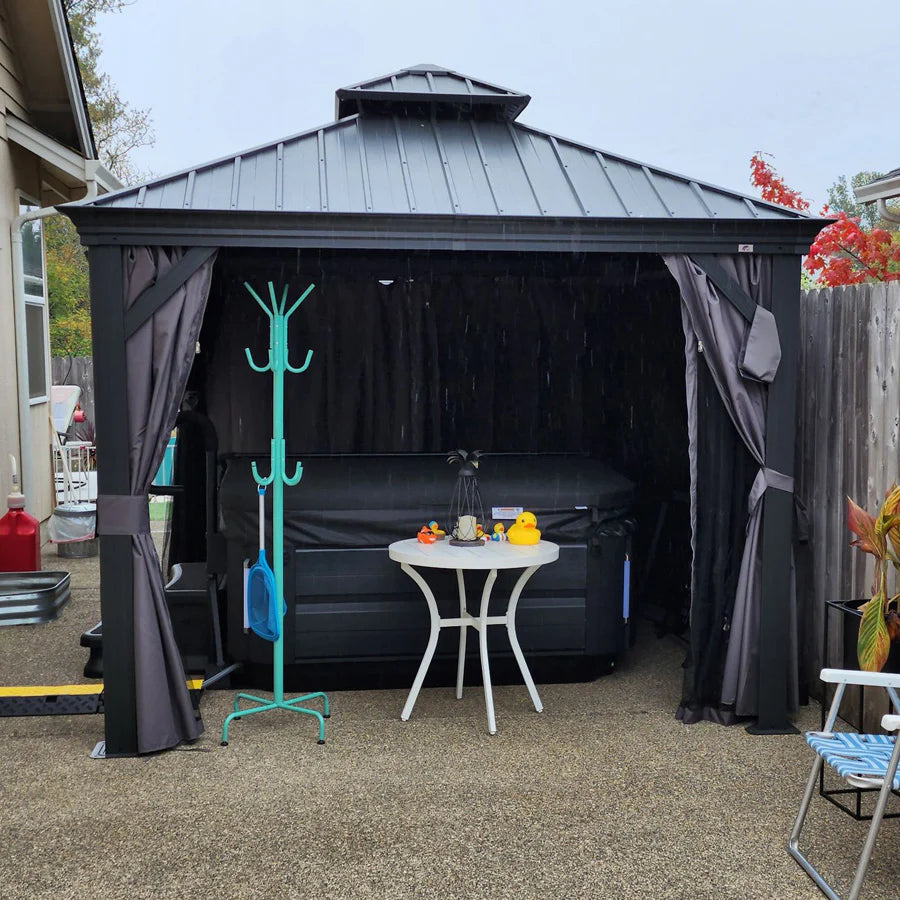 PURPLE LEAF  Alluminio Gazebo Giardino con Zanzariere e Tende Tetto Doppio in Acciaio Galvanizzato, Grigio