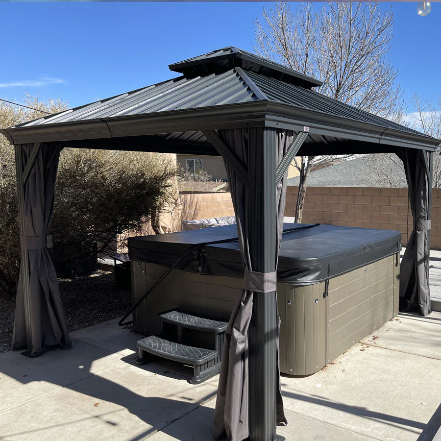 PURPLE LEAF  Alluminio Gazebo Giardino con Zanzariere e Tende Tetto Doppio in Acciaio Galvanizzato, Grigio