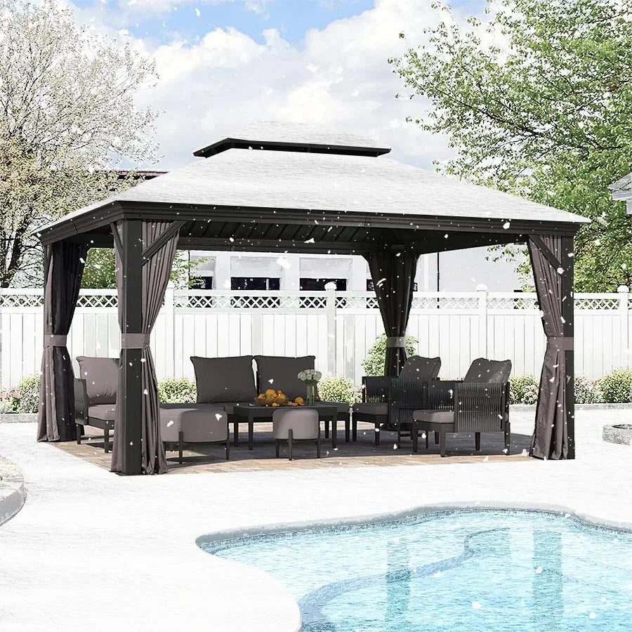 PURPLE LEAF  Alluminio Gazebo Giardino con Zanzariere e Tende Tetto Doppio in Acciaio Galvanizzato, Grigio