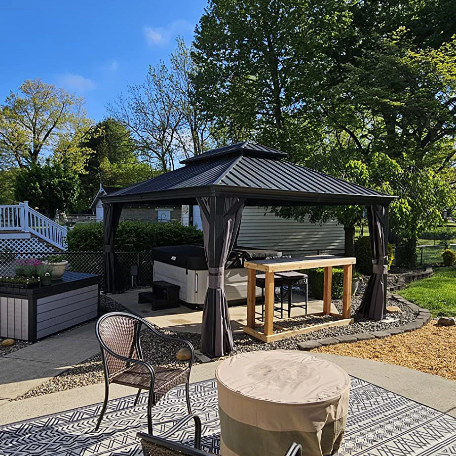 PURPLE LEAF  Alluminio Gazebo Giardino con Zanzariere e Tende Tetto Doppio in Acciaio Galvanizzato, Grigio