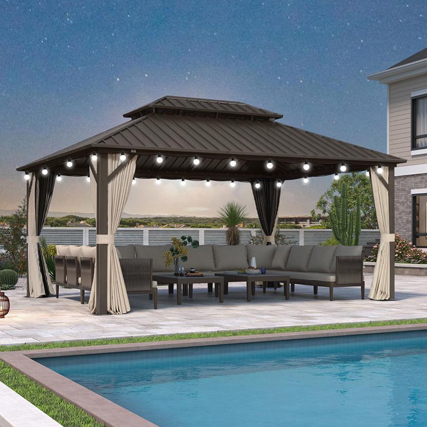 Purple Leaf Gazebo da Giardino Tetto Rigido in Bronzo, Doppio Tetto in Acciaio Zincato, Rete e Tende, Catene Luminose Trasparenti