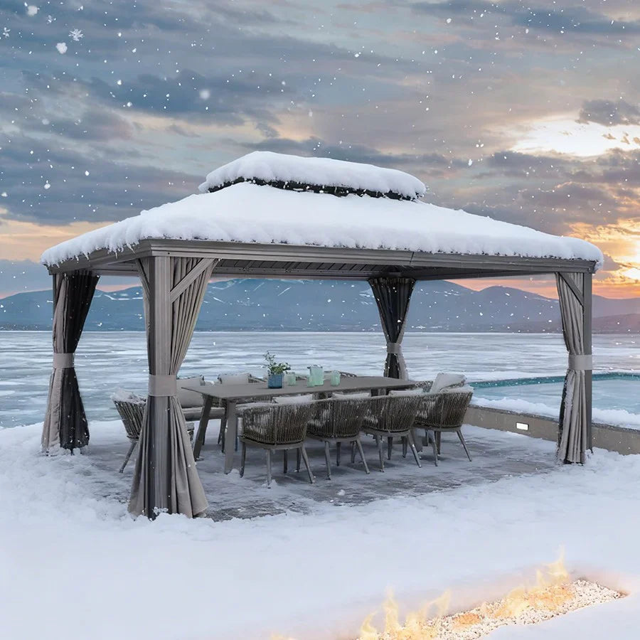 PURPLE LEAF  Alluminio Gazebo Giardino con Zanzariere e Tende Tetto Doppio in Acciaio Galvanizzato, Grigio
